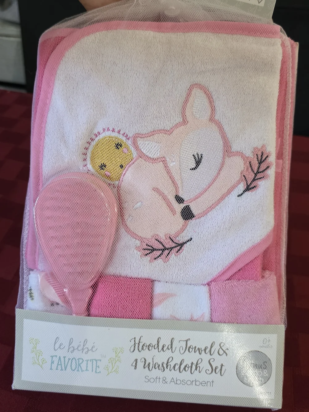 Le Be Be Hooded Towel & 4 Washcloth Set Pink Deer Sun Wood Outdoor NWT 2021 Set